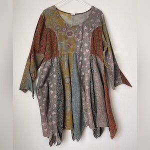 Lagenlook Patchwork Corduroy Babydoll Dress Tunic Afghan Hem 2X